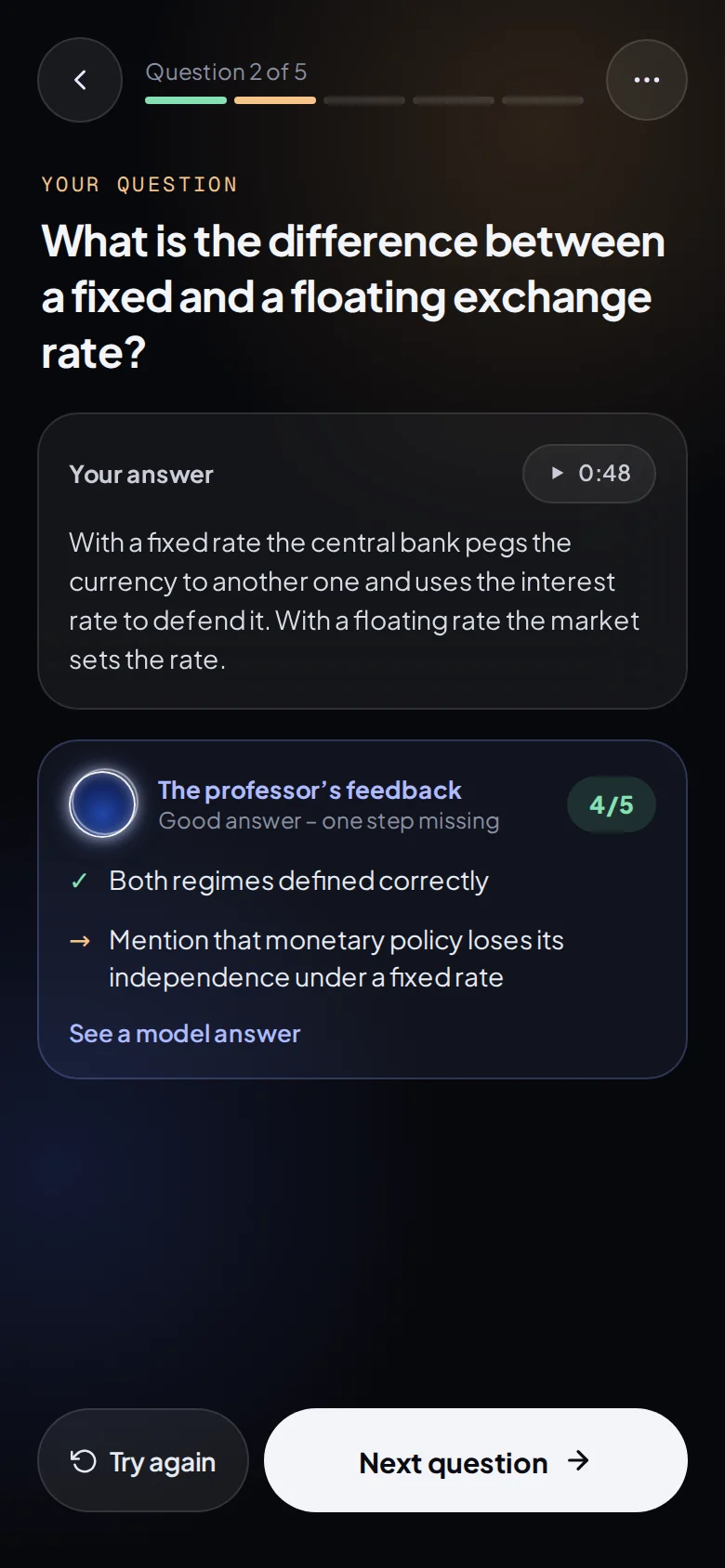 A question from the student's own list, their answer, and the professor's feedback with a score of 4 out of 5.