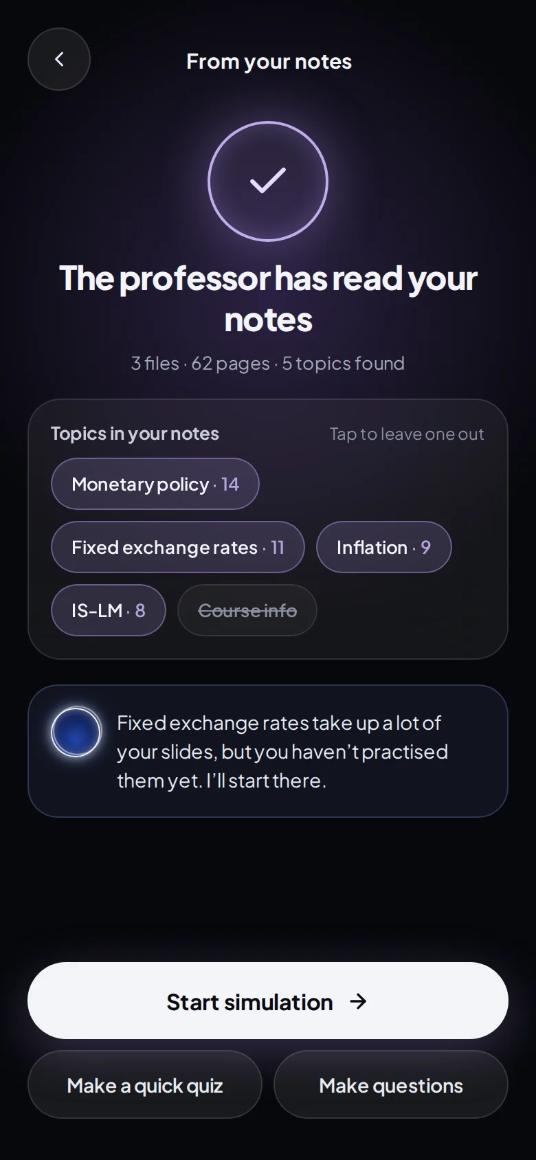 Viva has read three files of notes and lists the topics it found, with buttons to start a simulation, a quiz or questions.