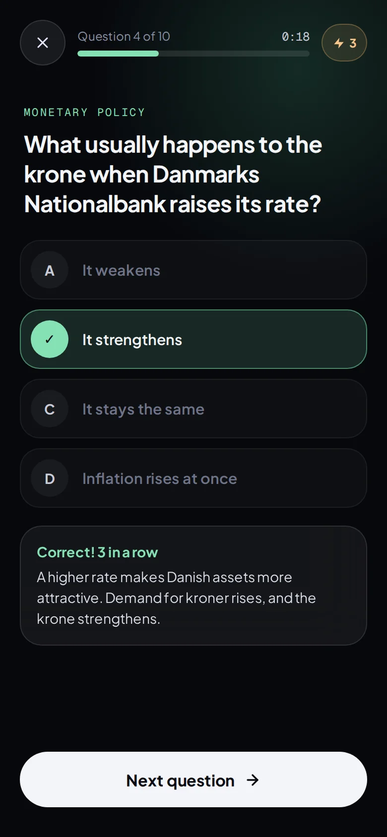 A quick quiz question on monetary policy, answered correctly, with a short explanation below.