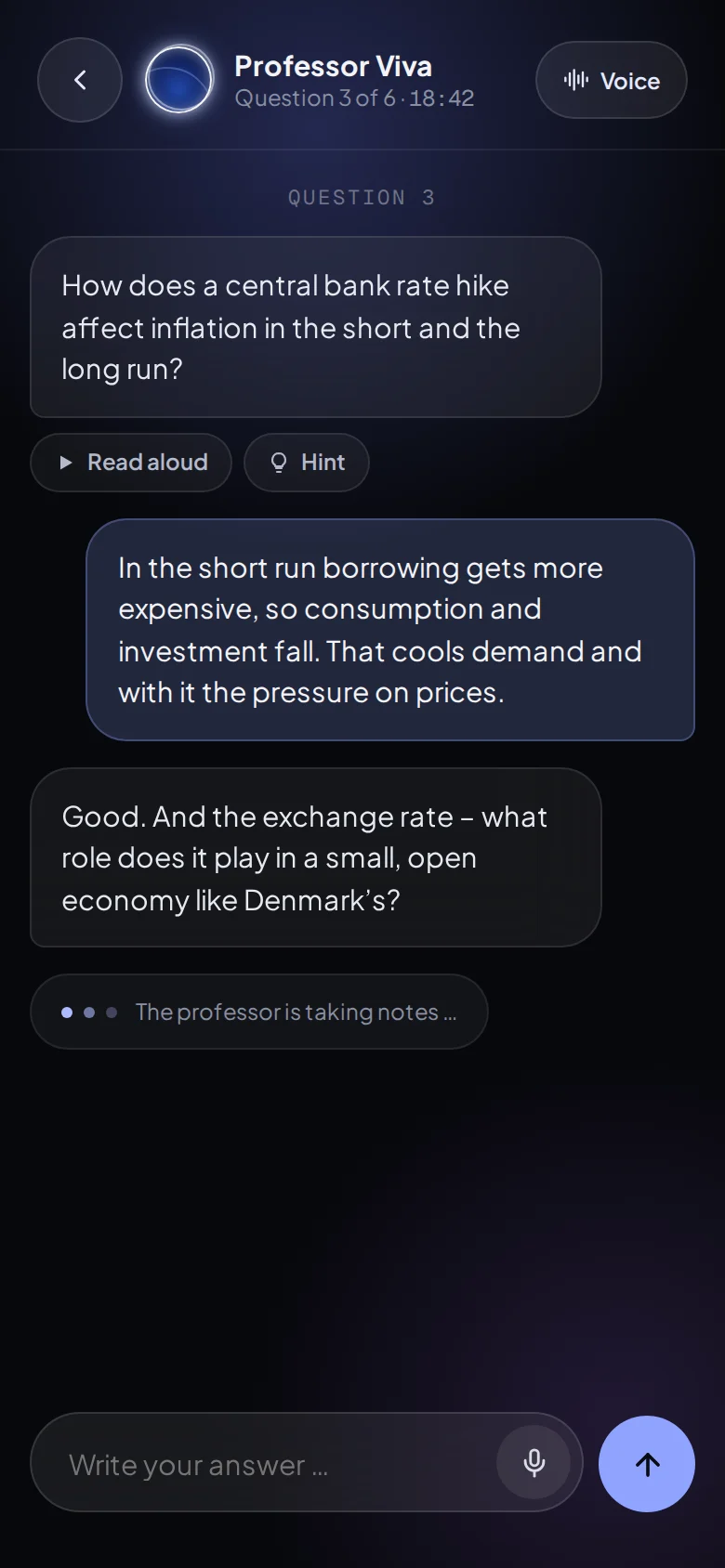 Viva's exam simulation: the professor asks about interest rates and inflation, the student answers, and the professor follows up.