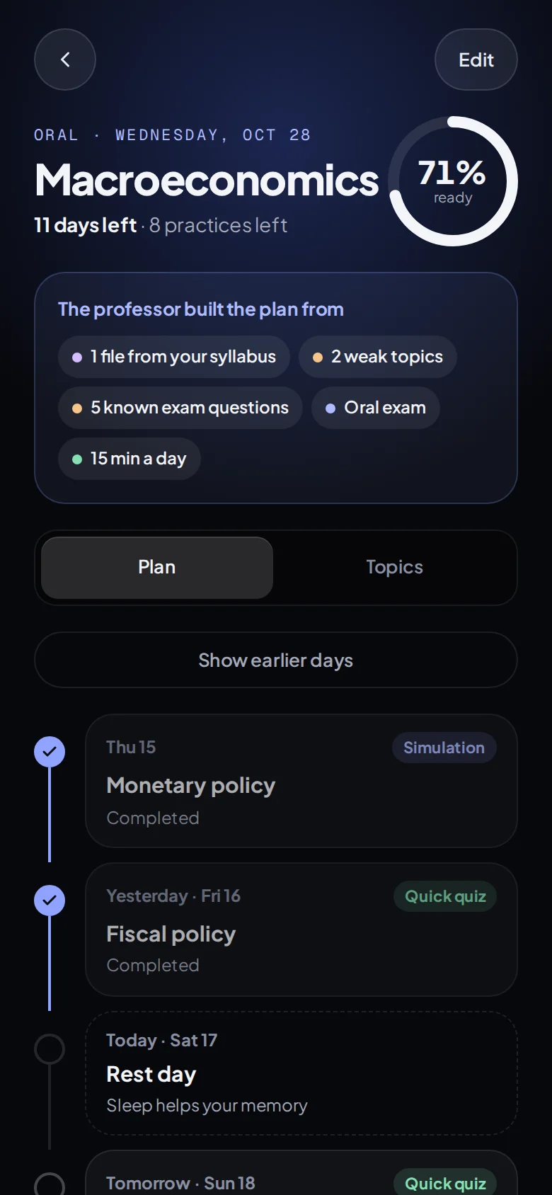 An exam's study plan: 11 days left, 71 % ready, and the practice planned for each day.